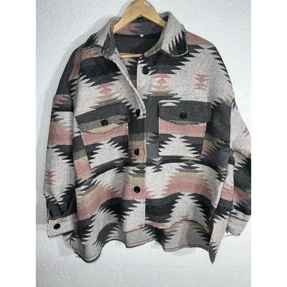 Unbranded Jackets & Blazers - Aztec Shacket Coat Oversized Pink Gray Button Jacket Western Style Medium U